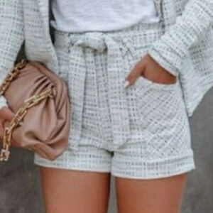 2 Piece Woven Tweed Ivory Women’s Summer Jacket & Short Set